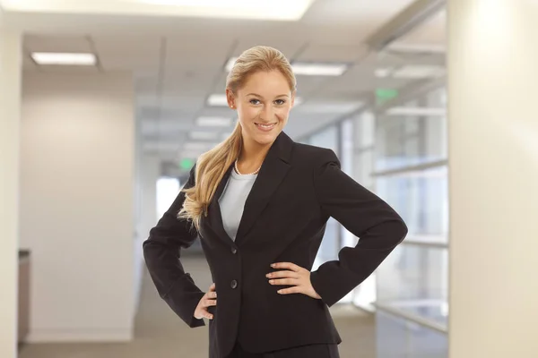 Portrait Young Girl Business Suit Standing Office Building — Stock Photo, Image