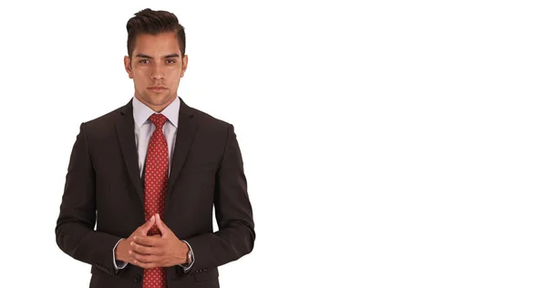年轻的西班牙商业专业人士站在白色背景与复制空间 — 图库照片