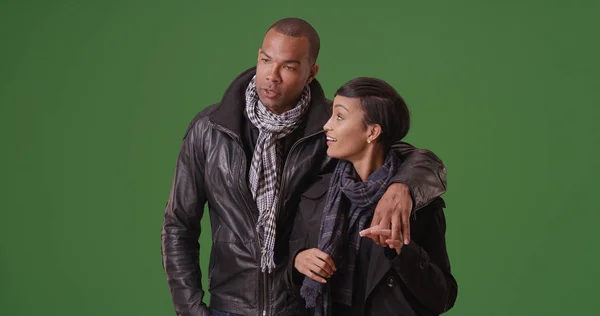 Young Black Couple Talking Walking Green Screen — Stock Photo, Image
