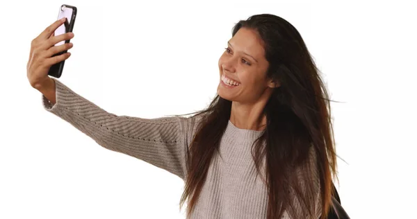 Millennial Woman Backpack Takes Selfie Share Social Media Studio — Stock Photo, Image