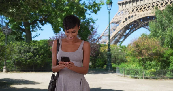 Fröhliche Mischlingshündin Liest Vor Eiffelturm Texte Auf Smartphone — Stockfoto