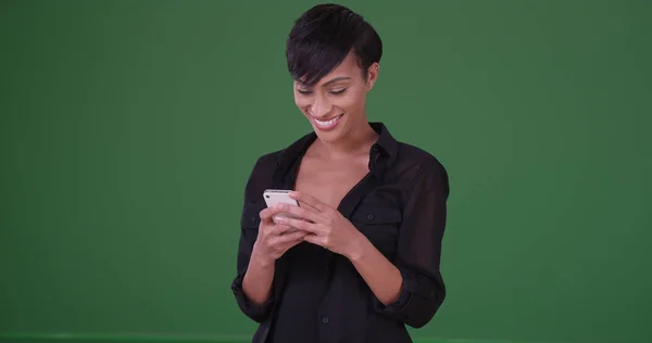 Beautiful Millennial Woman Using Smartphone Texting App Green Screen — Stock Photo, Image