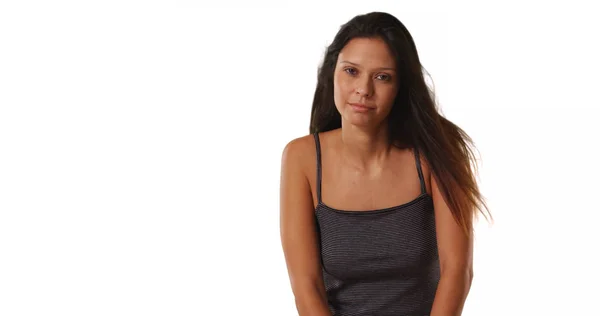 Beautiful Caucasian Girl Wearing Striped Tank Top Studio Copyspace — Stock Photo, Image