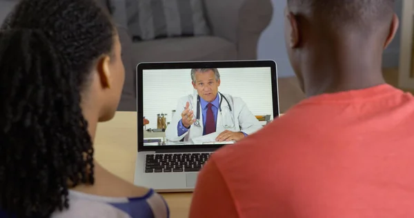 Physician Talking Young Black Couple Medical Issues Internet Video Chat — Stock Photo, Image
