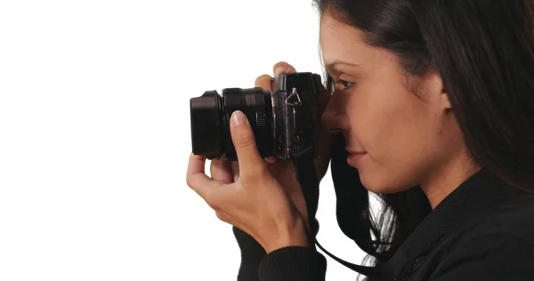 Zijaanzicht Van Hipster Meisje Bomber Jas Nemen Foto Met Camera — Stockfoto