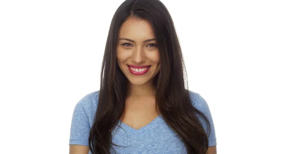 Латиноамериканського Жінка Посміхаючись Білому Тлі — стокове фото