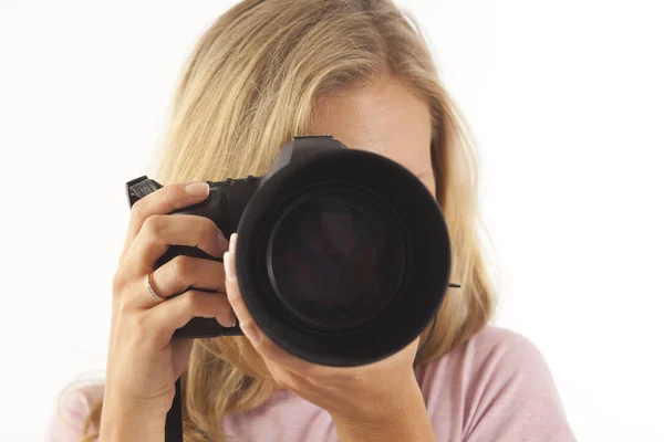 Jovem Com Câmera Tirando Uma Foto — Fotografia de Stock