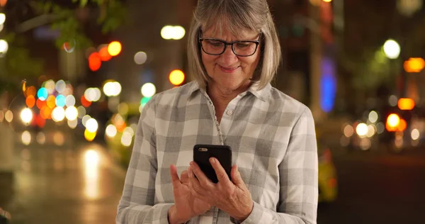 Happy Senior Person Texting Friend Cellphone City Street Night — Stock Photo, Image