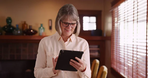 Mujer Mayor Feliz Jugando Con Tableta Portátil Sala Estar — Foto de Stock