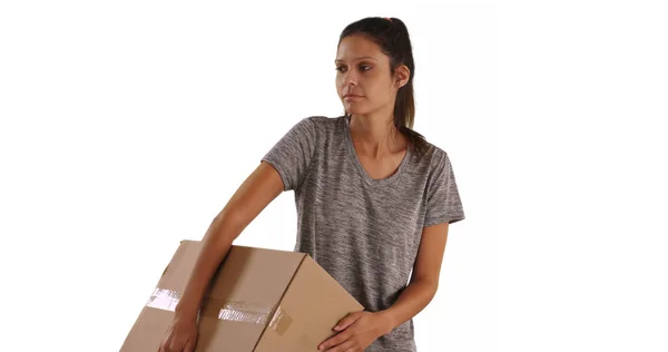 Young Caucasian Woman Carrying Box Shipping White Background — Stock Photo, Image