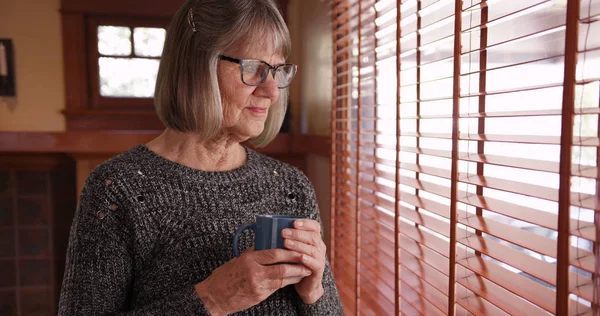 Serious Mature Woman Holding Coffee Cup Domestic Living Room Setting — Stock Photo, Image