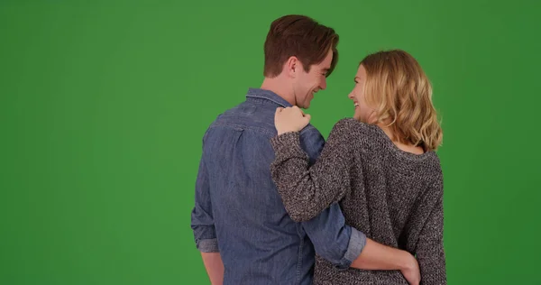Rear View Happy Couple Being Romantic Each Other Green Screen — Stock Photo, Image