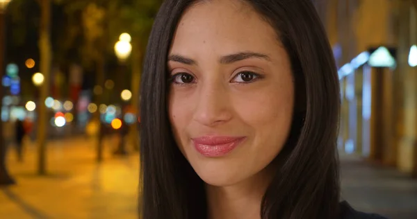 Beautiful Latina Female Stands Champs Elysees Avenue Smiling Camera — Stock Photo, Image