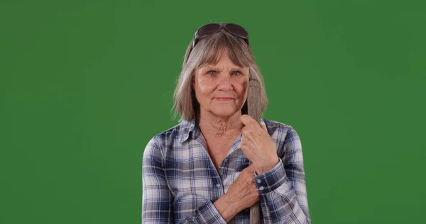 Elderly Farm Woman Standing Tool Handle Looking Camera Green Screen — Stock Photo, Image