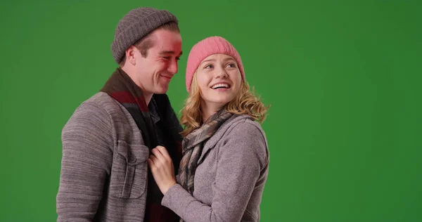 Happy Caucasian Couple Standing Together Winter Attire Green Screen — Stock Photo, Image
