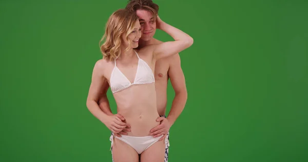 Cute Couple Standing Swimwear Holding Each Other Relaxing Green Screen — Stock Photo, Image