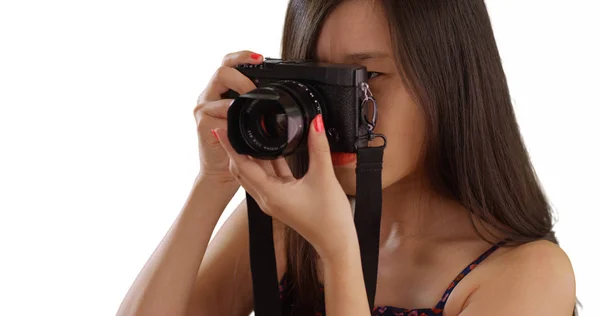 Close Van Aziatische Duizendjarige Fotograaf Fotograferen Voor Kopie Ruimte — Stockfoto