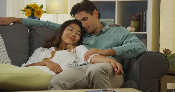 Mixed Race Couple Relaxing Couch Home — Stock Photo, Image