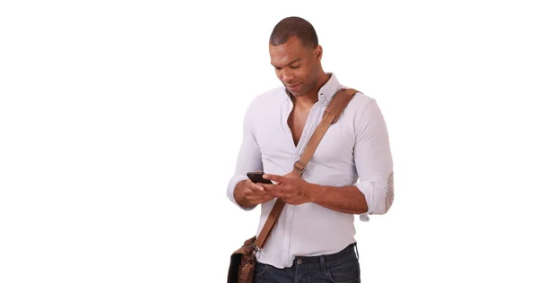 Egy Fiatal Fekete Férfit Hanglemezek Video Mobiltelefon Fehér Alapon — Stock Fotó
