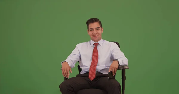 Corporate Professional Sitting Office Chair Looking Camera Green Screen — Stock Photo, Image