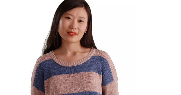 Close Pleasant Millennial Woman Wearing Sweater Front Copyspace — Stock Photo, Image