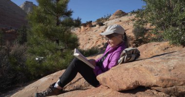 Üst düzey kadın halinden açık havada bir kitap okuma kumtaşı Kanyon oturan memnun