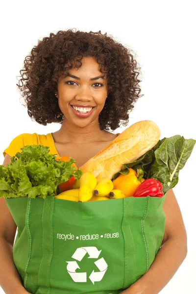 Hermosa Mujer Africana Joven Llevando Alimentos Sanos Aislados Blanco —  Fotos de Stock