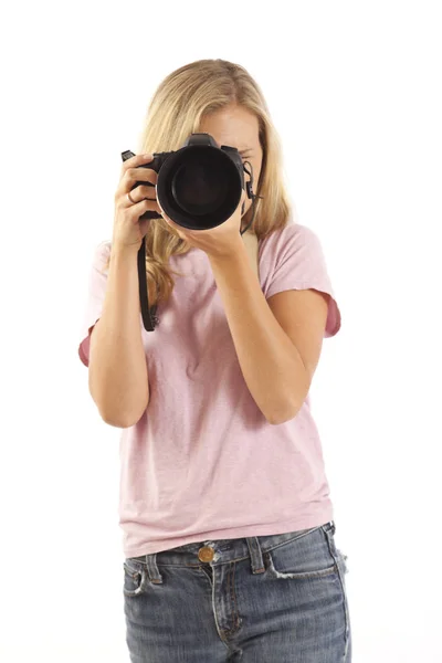 Jonge Vrouw Met Een Foto Camera — Stockfoto