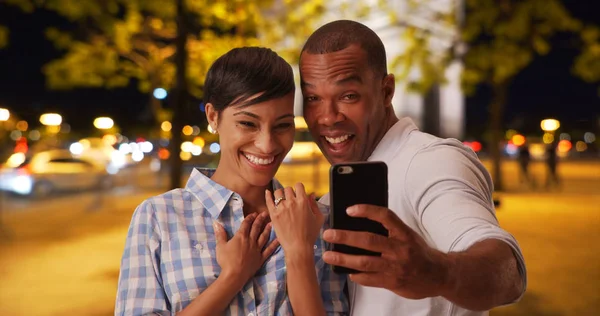 Newly Engaged Black Couple Taking Selfies Together Paris Night — Stock Photo, Image