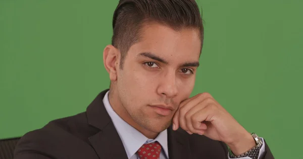 Hispanic Business Man Looking Camera Wearing Suit Tie Green Screen — Stock Photo, Image