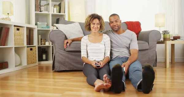 Cute African Couple Sitting Floor Living Room — Stock Photo, Image