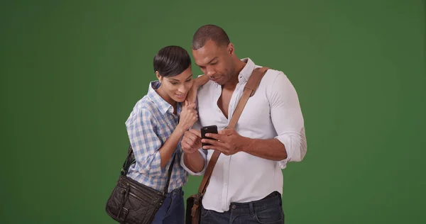 African American Couple Watching Something Smartphone Green Screen — Stock Photo, Image