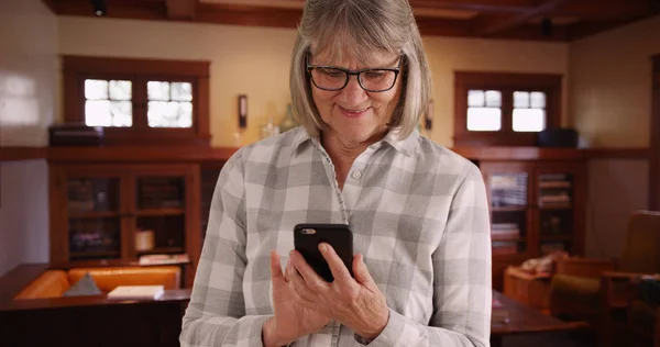 Affascinante Signora Anziana Utilizzando Dispositivo Mobile Comunicare Con Amico Soggiorno — Foto Stock