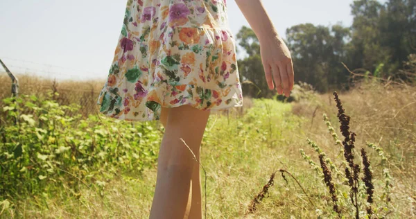 Unabhängige Junge Weiße Mädchen Fuß Weizenfeld — Stockfoto
