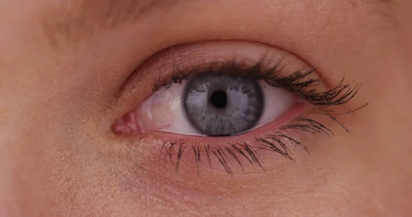 Extremo Close Olho Azul Jovem Mulher Branca Tela Verde — Fotografia de Stock