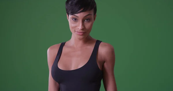 Seksi Siyah Kadın Tank Top Yeşil Ekranda Poz — Stok fotoğraf