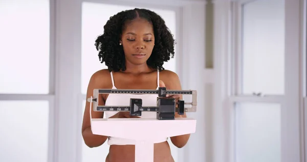 Young Black Woman Weighs Herself Scale Disappointed Weight Gain — Stock Photo, Image