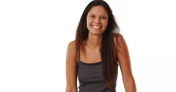 Hermosa Chica Caucásica Camiseta Rayas Sonriendo Riendo Estudio — Foto de Stock