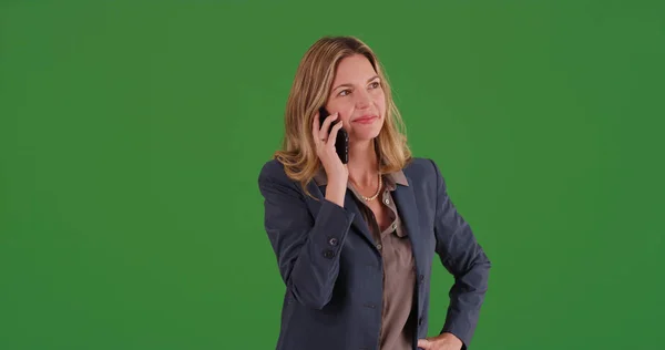 Middle Aged Adult Caucasian Businesswoman Talking Smartphone Green Screen — Stock Photo, Image