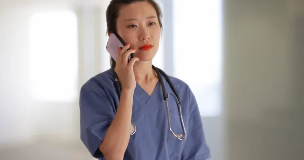 Busy Millennial Nurse Doctor Talking Cell Phone Hospital Clinic — Stock Photo, Image