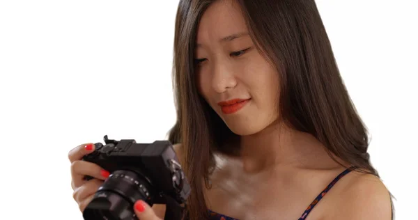 Close Asian Millennial Photographer Taking Photos Copy Space — Stock Photo, Image