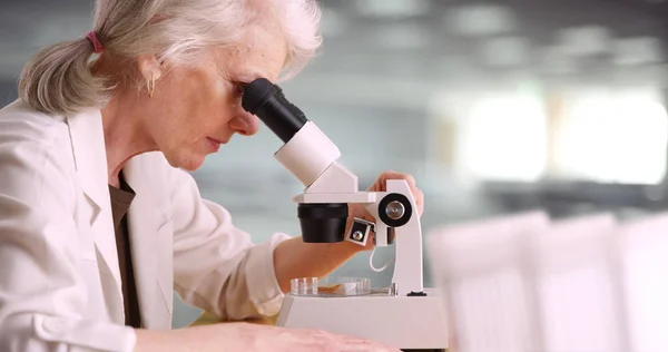 Profil Starych Kobiet Naukowców Patrząc Przez Mikroskop Warunkach Laboratoryjnych — Zdjęcie stockowe