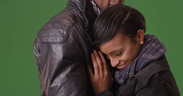 Young Black Woman Embracing Her Boyfriend Green Screen — Stock Photo, Image