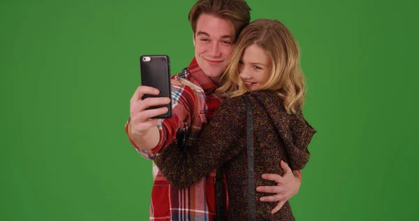 Cute Millennial Boyfriend Girlfriend Taking Selfie Green Screen — Stock Photo, Image