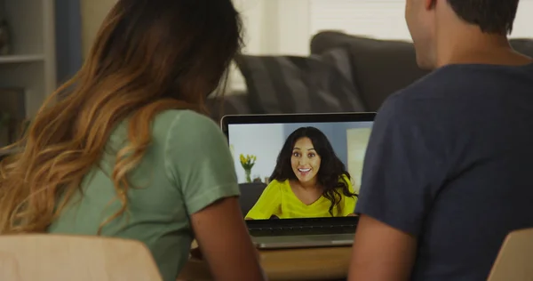 Mixed Race Friends Talking Online Laptop — Stock Photo, Image