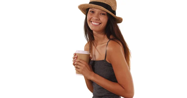 Retrato Hermosa Chica Caucásica Rayas Superior Beber Café Estudio — Foto de Stock