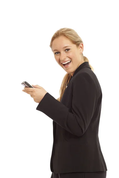 Portrait Young Business Girl Texting Cell Phone While Standing — Stock Photo, Image