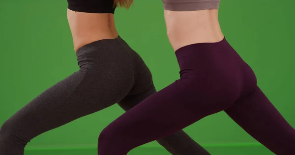 Lower body of two healthy females doing yoga on green screen