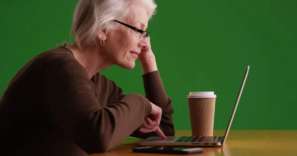Профиль Пожилой Деловой Женщины Сидящей Столом Работающей Над Ноутбуком Зеленом — стоковое фото