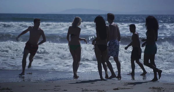 Energetic group of young interracial friends playing on beach shore